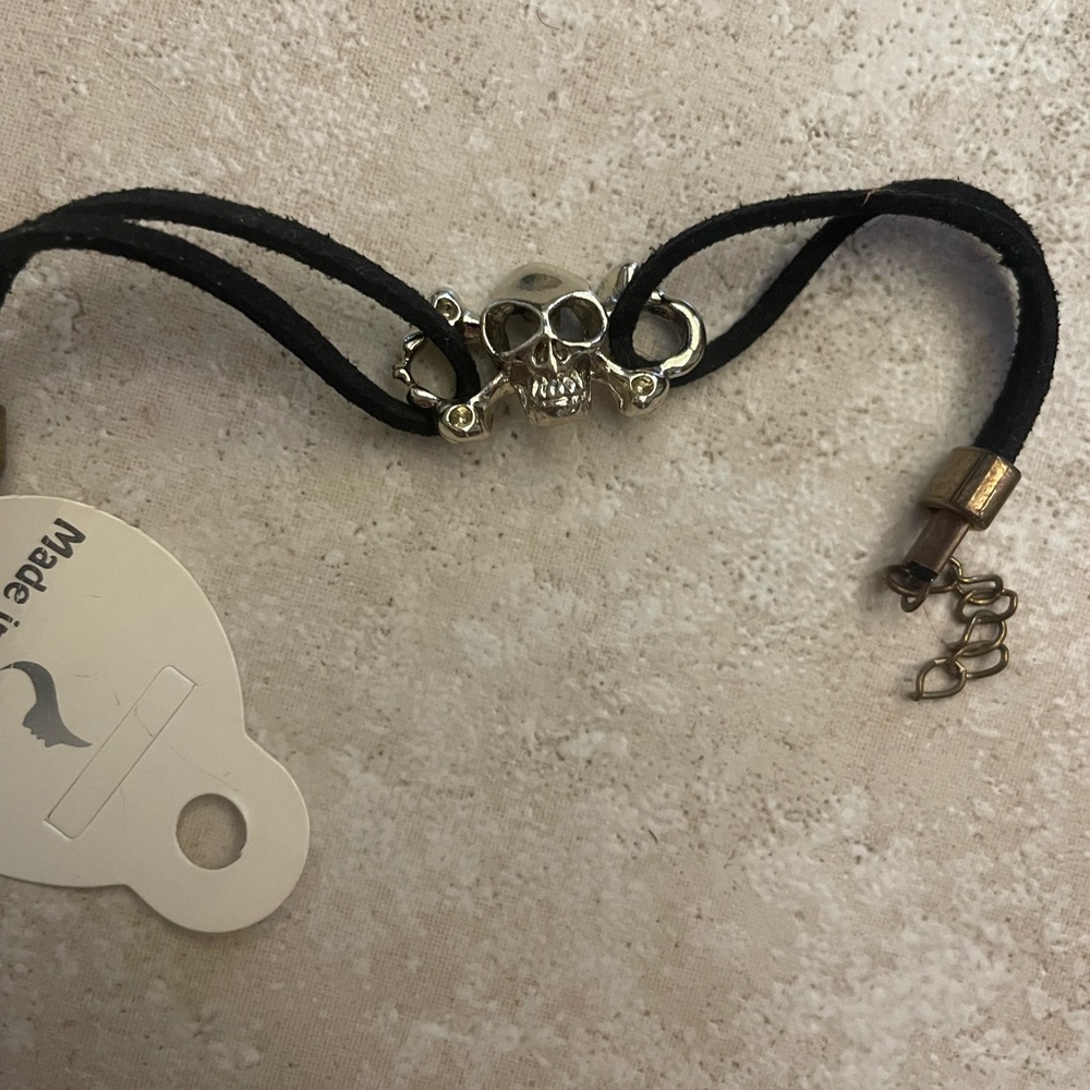 Silver Skull Bracelet with Black Cord